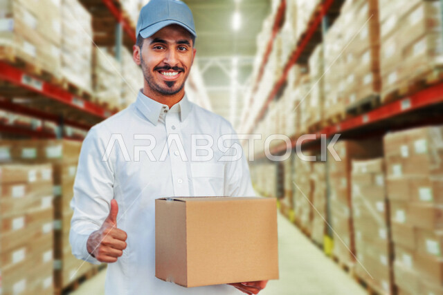 شاب عربي خليجي سعودي، العمل في مخزن المستودع، ايماءات وجه و يدين تدل على السعادة والاعجاب بخدمات الشحن والتوصيل، كفاءه عالية ومتميزة في خدمات نقل البضائع