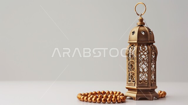 تحف تقليدية للاحتفال بقدوم شهر رمضان المبارك، صورة بانورامية لفانوس عربي معدني مزخرف بجانب سبحة من الخرز، أجواء رمضانية وروحانية إسلامية، زينة وديكورات الاعياد والمناسبات الدينية، خلفية رمادي
