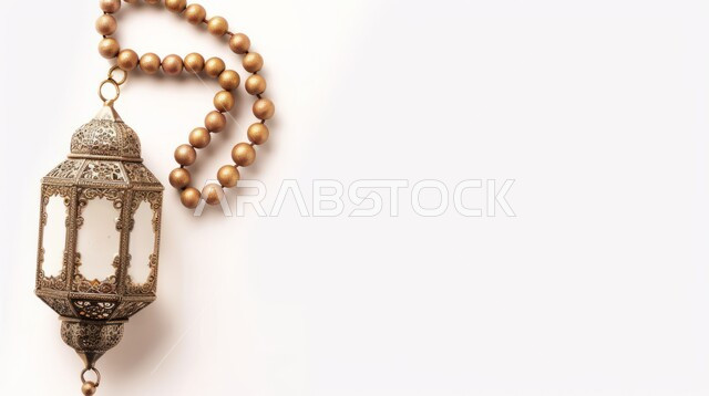 Traditional antiques to celebrate the advent of the holy month of Ramadan, a panoramic image of a decorated Arabic metal lantern next to a rosary of beads, a Ramadan and Islamic spiritual atmosphere, decorations for holidays and religious occasions, a white background.