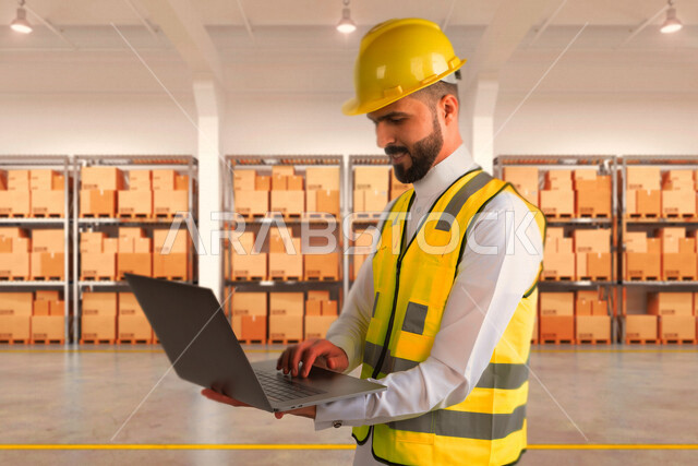 رجل عربي خليجي سعودي يرتدي الخوذة والسترة الواقية، ادارة اعمال الاستيراد والتصدير، نظام ادارة المستودعات الذكي، شحن وتوصيل، ادارة الاعمال من خلال الابتوب