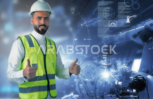 مهندس معماري مشرف سعودي خليجي يرتدي خوذة بيضاء وسترة الحماية الخاصة بالعمل بخلفية المعدات بتقنية الهولوجرام ، رفع اصبع الإبهام للأعلى لنجاح المشروع ، استخدام خاصية الهولوجرام ثلاثية الأبعاد ، كفاءة الموظفين