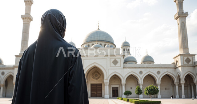 أماكن ومعالم دينية مقدسة، مفهوم العبادة والتقرب إلى الله، صورة مقربة من الخلف لامرأة عربية خليجية سعودية ترتدي العباءة والحجاب تقف في باحة المسجد، بناء المساجد على الطراز العربي الإسلامي، الفن الهندسي المعماري للقبب والمآذن الشامخة