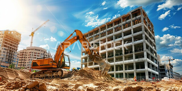 مفهوم الهندسة والتطوير، مهن ووظائف هندسية، تشييد المباني والمشاريع الضخمة، مفهوم تحسين البنية التحتية للبلاد، التطور والتحديث وإعادة الإعمار للمنشآت في المملكة العربية السعودية، آلات ومعدات ثقيلة، جرافة تعمل على رفع وتعبئة الرمال والحصى وقت النهار