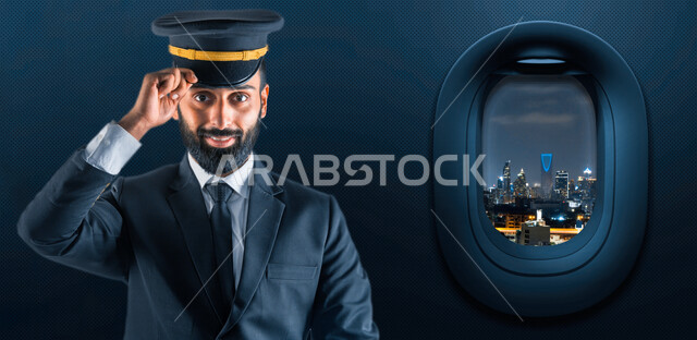 كابتن طيار عربي سعودي خليجي ناجح ، يعمل في مجال الطيران ، يرتدي الزي الرسمي الخاص بمزاولة مهنة الطيران