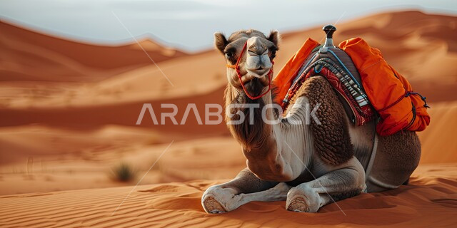 استخدام الحيوانات للتنقل من مكان الى اخر في البادية، ناقة عربية أصيلة تجلس على الرمال الذهبية الناعمة في الصحراء نهاراً، تربية حيوان الابل والاعتناء به، الاهتمام بالمواشي في المحميات الطبيعيه، الكثبان الرملية في المناطق الصحراوية في المملكة العربية السعودية