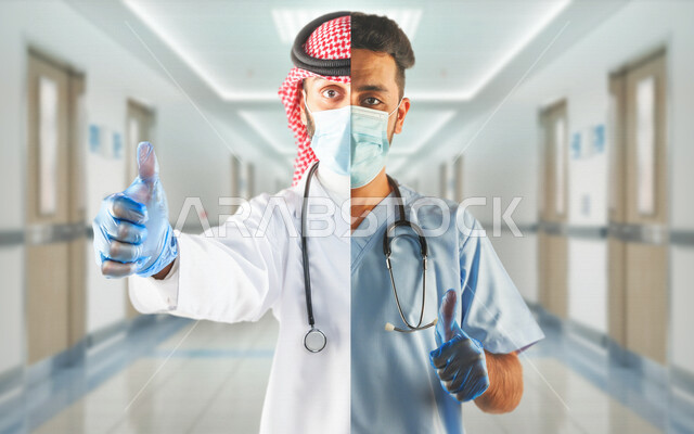 صورة مقربة لوجه طبيبان سعوديان خليجيان يشيران بإصبع الإبهام للأعلى داخل المستشفى ، يعملان في القطاع الصحي لتقديم الخدمات الصحية ، خدمة الطوارئ والرعاية الصحية ، مهن ووظائف طبية