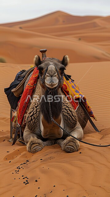 الكثبان الرملية في المناطق الصحراوية في المملكة العربية السعودية، استخدام الحيوانات للتنقل من مكان الى اخر في البادية، ناقة عربية أصيلة تجلس على الرمال الذهبية الناعمة في الصحراء نهاراً،  تربية حيوان الابل والاعتناء به، الاهتمام بالمواشي في المحميات الطبيعيه