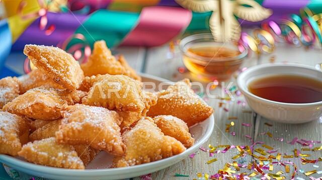 الأساليب الفنية في تقديم الطعام، مخبوزات الحلوى المقرمشة اللذيذة، الحلويات العربية الشرقية مع صوص العسل، صورة مقربة لقطع من المعجنات الهشة المرشوشة بالسكر الناعم، مأكولات غنية بالسكريات والسعرات الحرارية، مطاعم عربية خليجية سعودية