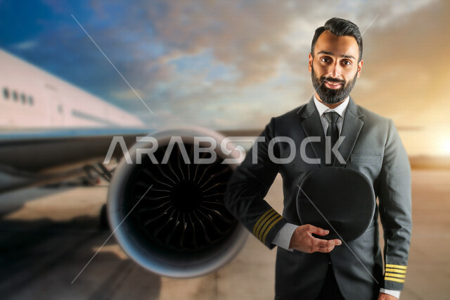 كابتن طيار عربي سعودي خليجي ناجح ، يعمل في مجال الطيران ، يرتدي الزي الرسمي الخاص بمزاولة مهنة الطيران