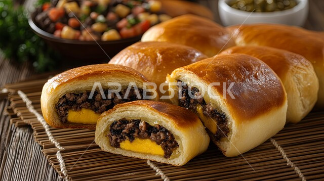 A plate of baked rolls stuffed with minced meat, delicious oriental Arabic cuisine, the art of presenting pastries and baked goods in restaurants in the Kingdom of Saudi Arabia, distinctive dishes from Saudi cuisine, a nutritional meal full of proteins