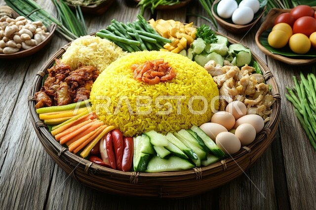 فنون التقديم في مطاعم المملكة العربية السعودية, وجبات وأطباق عربية تقليدية شعبية، وجبة كبسة مزينة بالخضار والفاصولياء الطازجة، طبق من أرز المندي المزين بالدجاج المشوي والبيض، وصفات الطعام الشهية