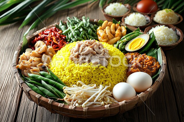 A plate of Mandi rice decorated with grilled chicken and boiled eggs, delicious food recipes, the art of presentation in restaurants in the Kingdom of Saudi Arabia, traditional popular Arab meals and dishes, a Kabsa meal decorated with fresh vegetables and beans