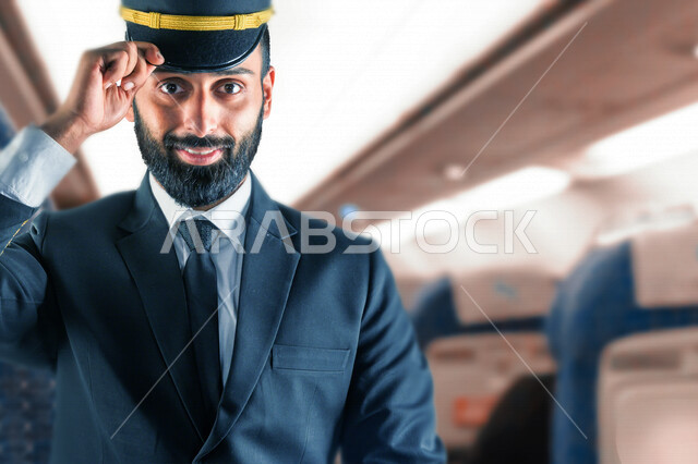 A successful Saudi Gulf Arab pilot in the cabin of the plane, wearing the uniform for practicing the profession of aviation, working in the field of aviation, preparing for an air flight, trips and travel