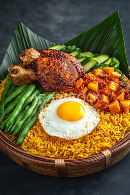 فنون التقديم في مطاعم المملكة العربية السعودية, وجبات وأطباق عربية تقليدية شعبية، وجبة كبسة مزينة بالخضار والفاصولياء الطازجة، طبق من أرز المندي المزين بالدجاج المشوي والبيض، وصفات الطعام الشهية