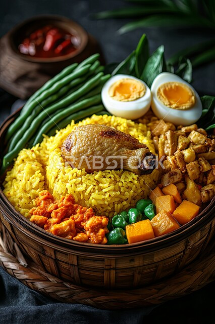 طبق من أرز المندي المزين بالدجاج المشوي والبيض المسلوق، وصفات الطعام الشهية، فنون التقديم في مطاعم المملكة العربية السعودية, وجبات وأطباق عربية تقليدية شعبية، وجبة كبسة مزينة بالخضار والفاصولياء الطازجة