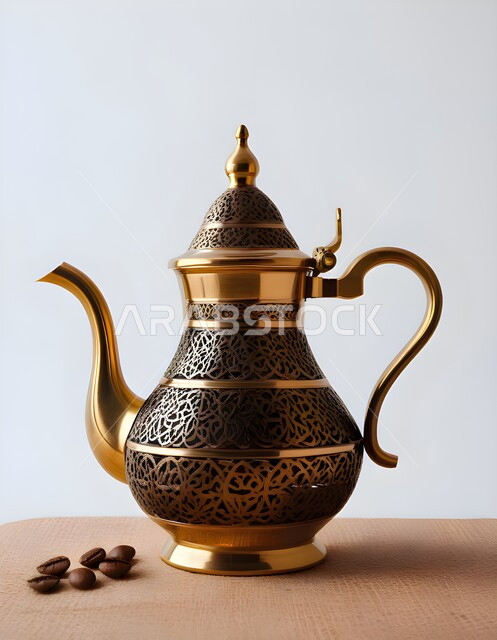 دله قهوة عربية, إكرام الضيف وحسن الاستقبال, إبريق نحاسي مع حبات من البن على طاولة خشبية, العادات العربية القديمة في تقديم المشروبات الساخنة, جودة المنتجات المحلية الوطنية, خلفية رمادية