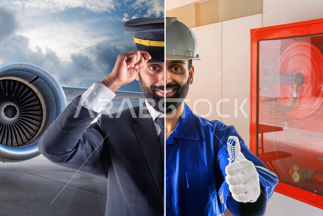A successful Saudi Gulf Arab pilot, working in the field of aviation, wearing the uniform for practicing the profession of aviation, firefighting employee, raising the thumb up to complete the tasks, the efficiency of the staff
