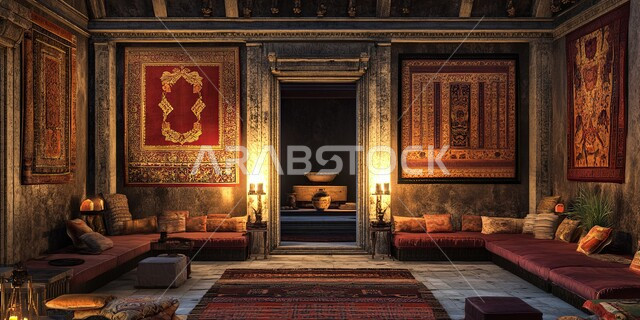 Traditional style decorative architectural art for popular sitting areas, ancient antique decorations in the Kingdom of Saudi Arabia, adherence to Arab customs and traditions rich in ancient culture, Saudi council designs with furniture and intricate wall decorations in homes and residential apartments