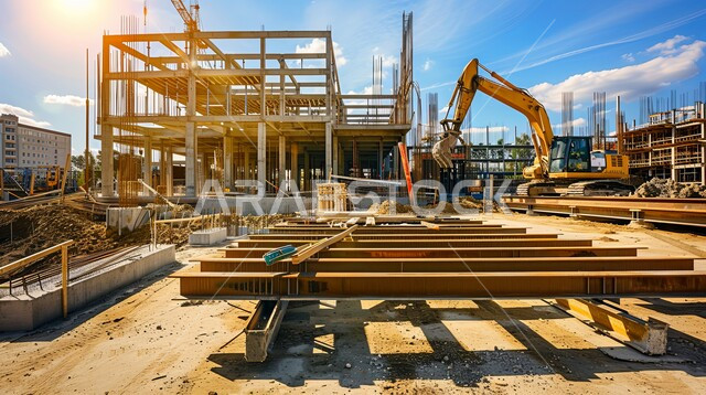 التطور والتحديث وإعادة الإعمار للمنشآت في المملكة العربية السعودية, آلات ومعدات ثقيلة, جرافة تعمل على رفع وتعبئة الرمال والحصى وقت النهار، مفهوم الهندسة والتطوير، مهن ووظائف هندسية، تشييد المباني والمشاريع الضخمة، مفهوم تحسين البنية التحتية للبلاد