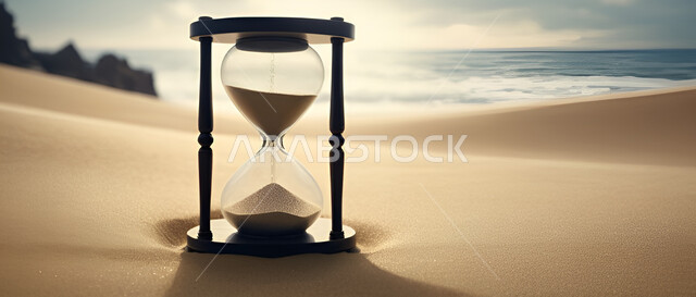 التلال والرمال الذهبية الناعمة، أدوات قديمة لتحديد الوقت،  رمز للاشارة إلى إنقضاء مدة زمنية، صورة مقربة لساعة رملية وسط الكثبان الرملية في صحراء المملكة العربية السعودية، الأماكن والمعالم السياحية الترفيهية المشهورة