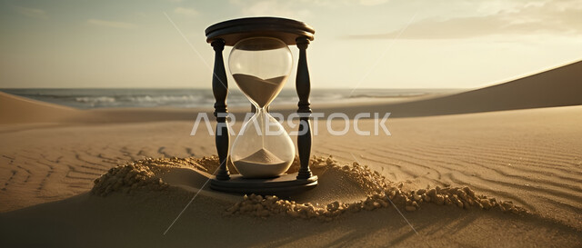  رمز للاشارة إلى إنقضاء مدة زمنية، صورة مقربة لساعة رملية وسط الكثبان الرملية في صحراء المملكة العربية السعودية، الأماكن والمعالم السياحية الترفيهية المشهورة، التلال والرمال الذهبية الناعمة، أدوات قديمة لتحديد الوقت