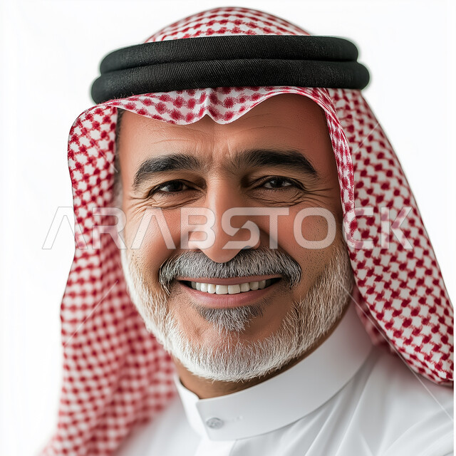 الأناقة والاهتمام بالمظهر الخارجي، مفهوم الرجولة والثقة بالنفس، بورتريه مقرب لرجل عربي خليجي سعودي يرتدي الشماغ والزي التقليدي ينظر الى الكاميرا بايماءات السعادة والسرور، خلفية بيضاء