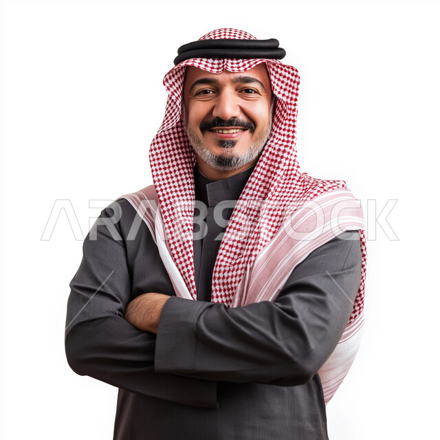 مفهوم الرجولة والثقة بالنفس, الأناقة والاهتمام بالمظهر الخارجي، بورتريه لرجل عربي خليجي سعودي يرتدي الثوب التقليدي يقف بايدي متقاطعة ينظر الى الكاميرا بايماءات السعادة والسرور, خلفية بيضاء
