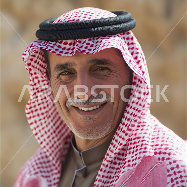 The concept of masculinity and self-confidence, elegance and interest in appearance, a close-up image of a Saudi Arabian Gulf man wearing a shemagh and traditional dress looking at the camera with an expression of pleasure