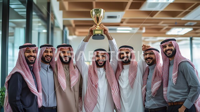  مهن ووظائف سعودية، الشراكة والتعاون في أحد الشركات, رجال أعمال سعوديون يرتدون الثياب التقليدية والشماغ يحتفلون بالنجاح من خلال حمل الكأس اللامعة عالياً في مكتب حديث بايماءات الفرح والعمل الجماعي