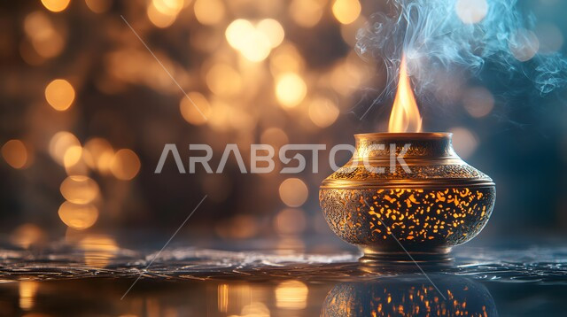  أصالة العادات والتقاليد في المملكة العربية السعودية, منظر الدخان المنتشر من البخور، منتج وطني محلي سعودي، التعطر والتطيب باطيب الروائح والعطور، صورة مقربة لمبخرة تقليدية مزخرفة في مكان تراثي