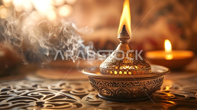  أصالة العادات والتقاليد في المملكة العربية السعودية, منظر الدخان المنتشر من البخور، منتج وطني محلي سعودي، التعطر والتطيب باطيب الروائح والعطور، صورة مقربة لمبخرة تقليدية مزخرفة في مكان تراثي