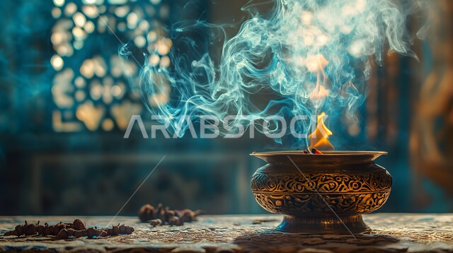  أصالة العادات والتقاليد في المملكة العربية السعودية, منظر الدخان المنتشر من البخور، منتج وطني محلي سعودي، التعطر والتطيب باطيب الروائح والعطور، صورة مقربة لمبخرة تقليدية مزخرفة في مكان تراثي