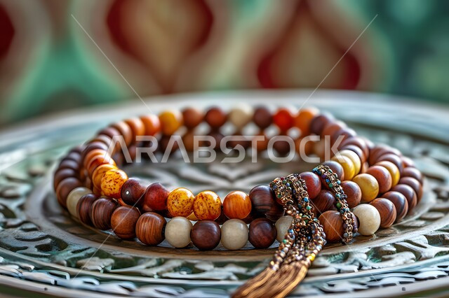Worship, drawing closer to God, supplication and asking for forgiveness, glorification and frequent remembrance, a close-up image of a rosary made of antique wooden beads placed on a decorated wooden surface