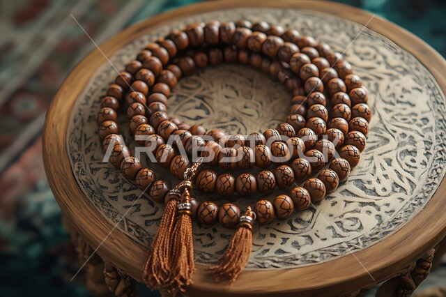 العبادة والتقرب إلى الله والدعاء وطلب المغفرة, التسبيح والإكثار من الذكر، صورة مقربة لمسبحة يد من حبات الخرز الخشبية المعتقة الموضوعة على سطح خشبي مزخرف
