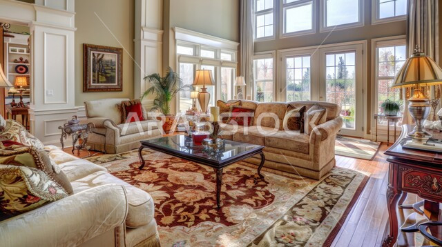 Luxury interior design for villas and apartments in Saudi Arabia, interior designs for comfortable living rooms in modern style, living room with luxury home furniture, hanging art, accessories and modern antiques