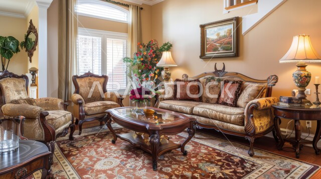 الديكور الداخلي الراقي للفلل والشقق السكنية في المملكة العربية السعودية ، التصاميم الداخلية لغرف الجلوس المريحة على الطراز الحديث ، غرفة معيشة مع أثاث منزلي فاخر ، لوحات فنية معلقة ، اكسسوارات وتحف عصرية