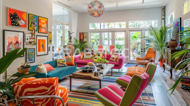 الديكور الداخلي الراقي للفلل والشقق السكنية في المملكة العربية السعودية ، التصاميم الداخلية لغرف الجلوس المريحة على الطراز الحديث ، غرفة معيشة مع أثاث منزلي فاخر بألوان زاهية، لوحات فنية معلقة ، اكسسوارات وتحف عصرية