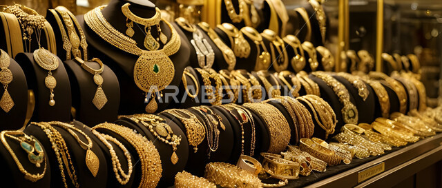 القلائد والأساور المعقدة وخواتم الأحجار الكريمة الموضوعة على مخمل، أناقة ومهارة الاكسسوارات الثمينة، الحلي المصنوعة من الذهب في المملكة العربية السعودية، واجهة زجاجية للمجوهرات التقليدية الذهبية
