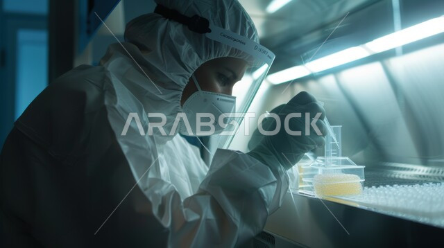 استخدام الماصة والأنابيب المعقمة لتحليل العينات المختلفة، مختبرات الفحوصات الطبية والتحاليل الكيمائية، مخبرية عربية خليجية سعودية محجبة ترتدي المعطف والكمامة تقوم بإجراء التجارب والبحوث العلمية في المختبر