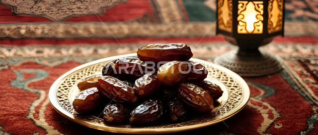 Lights and decorations in the spiritual atmosphere, a decorated metal lantern illuminated with a bowl full of dates on the carpet, traditional Islamic artifacts to celebrate the arrival of the month of goodness, Islamic art of decoration and Arabic accessories, hospitality of the holy month of Ramadan