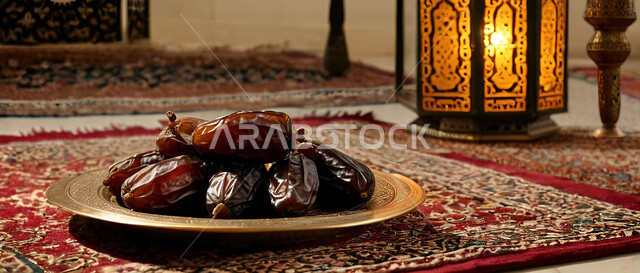 ضيافة شهر رمضان المبارك، أنوار وديكورات في الأجواء الروحانية، فانوس معدني مزخرف مضيئ وبجانبه وعاء مليء بالتمر على السجاد، تحف اسلامية تقليدية للاحتفال بقدوم شهر الخير، الفن الاسلامي للزينة والاكسسوارات العربية