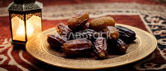 Ornate illuminated metal lantern with a bowl full of dates on the carpet, traditional Islamic artifacts to celebrate the arrival of the month of goodness, Islamic art of decoration and Arabic accessories, hospitality of the holy month of Ramadan, lights and decorations in the spiritual atmosphere