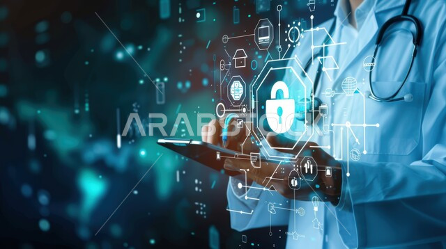 Technological growth and progress, use of modern electronic technologies, close-up of a Saudi Arabian Gulf doctor wearing a white medical coat and a stethoscope holding a tablet with a 3D illuminated lock icon, concept of medicine and healthcare