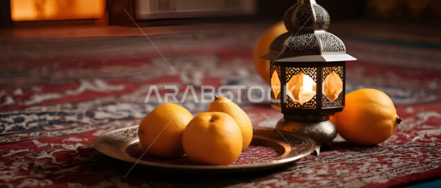 التحف والاكسسوارات بجانب طبق فاكهة البرتقال على السجادة، مصباح عربي معدني مزخرف مضيئ، فوانيس اسلامية تقليدية للاحتفال بقدوم شهر الخير، جودة المنتجات الوطنية السعودية، ضيافة شهر رمضان المبارك