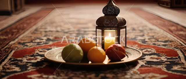 ضيافة شهر رمضان المبارك، التحف والاكسسوارات بجانب طبق فاكهة البرتقال على السجادة، مصباح عربي معدني مزخرف مضيئ، فوانيس اسلامية تقليدية للاحتفال بقدوم شهر الخير، جودة المنتجات الوطنية السعودية