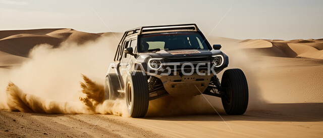 التلال الرملية والتشكيلات والتكوينات الصخرية في الصحارى العربية، مغامرة سفاري على الكثبان الرملية في المملكة العربية السعودية، الأنشطة الترفيهية لقيادة السيارات في المناطق الصحراوية، صورة مقربة لسيارة الدفع الرباعي الجبلية على رمال الصحراء الذهبية الناعمة