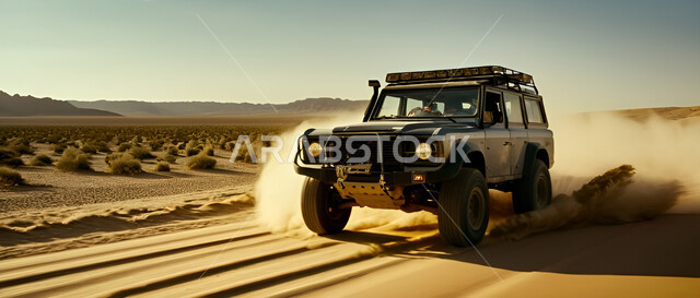 الأنشطة الترفيهية لقيادة السيارات في المناطق الصحراوية، صورة مقربة لسيارة الدفع الرباعي الجبلية على رمال الصحراء الذهبية الناعمة, التلال الرملية والتشكيلات والتكوينات الصخرية في الصحارى العربية، مغامرة سفاري على الكثبان الرملية في المملكة العربية السعودية 