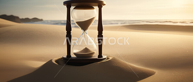 أدوات قديمة لتحديد الوقت، رمز للاشارة إلى إنقضاء مدة زمنية، صورة مقربة لساعة رملية وسط الكثبان الرملية في صحراء المملكة العربية السعودية، الأماكن والمعالم السياحية الترفيهية المشهورة، التلال والرمال الذهبية الناعمة 