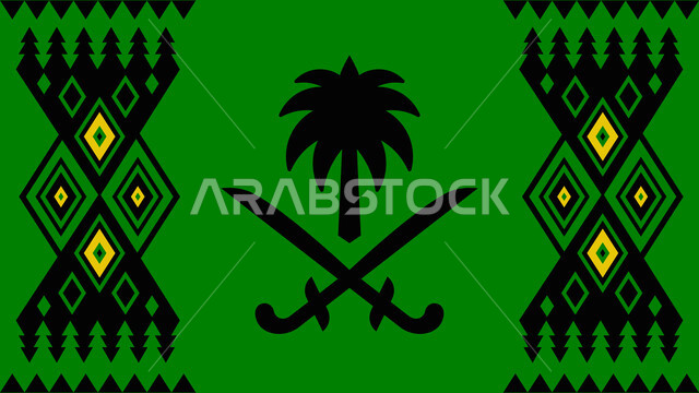الاحتفالات بالمناسبات الوطنية و الشعبية، شعار المملكة العربية السعودية, إحياء ذكرى اليوم الوطني السعودي 23 سبتمبر, رمز النخلة و السيفين المتقاطعين المعدنيين، الاحتفال بذكرى اليوم الوطني السعودي 94، التراث السعودي الشعبي، تطريز تقليدي لزخرفة السدو التراثية
