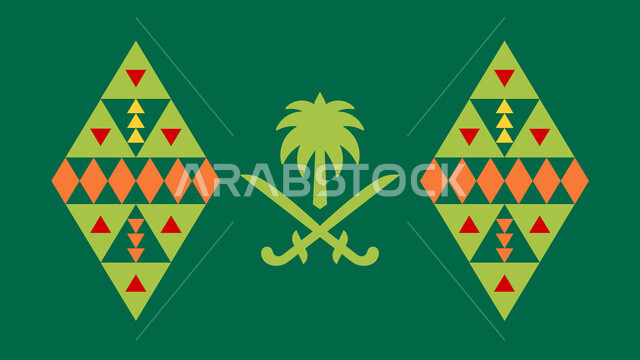 Celebrations of national and popular occasions, emblem of the Kingdom of Saudi Arabia, commemorating Saudi National Day September 23, symbol of the palm tree and two crossed metal swords, celebrating the 94th Saudi National Day, Saudi folk heritage, traditional embroidery for traditional Sadu decoration